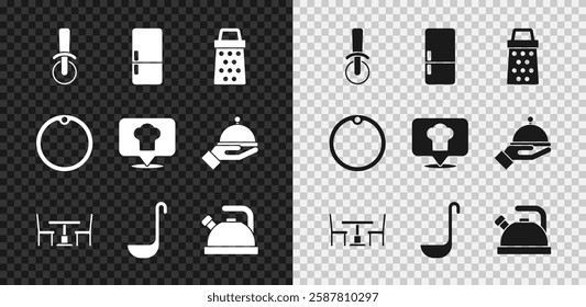 Set Pizza knife, Refrigerator, Grater, Wooden table with chair, Kitchen ladle, Kettle handle, Cutting board and Chef hat location icon. Vector