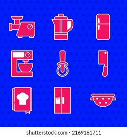 Set Pizza knife, Refrigerator, Kitchen colander, Meat chopper, Cookbook, Electric mixer,  and meat grinder icon. Vector