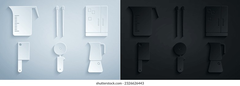 Set Pizza knife, Refrigerator, Meat chopper, Moka pot, Food chopsticks and Measuring cup icon. Vector