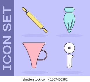 Set Pizza knife, Rolling pin, Funnel or filter and Pastry bag for decorate cakes icon. Vector