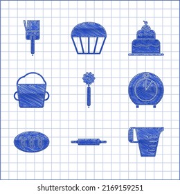 Ponga un cuchillo de pizza, rodillo, taza de medición, temporizador de cocina, pan de pan, masa de tazón de panadería, icono de pasteles y brochas. Vector
