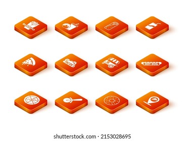 Set Pizza, knife, Slice of pizza, Taco with tortilla, Donut, Fast street food cart, Location slice and Hotdog sandwich icon. Vector