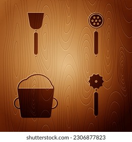 Set Pizza knife , Spatula , Bakery bowl dough  and Strainer spoon  on wooden background. Vector