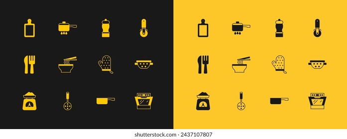 Cuchillo de pizza, espátula, guante de horno, sartén, tazón de fideos asiáticos, pimienta, tabla de cortar y olla de cocina en el icono de fuego. Vector