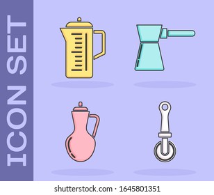 Set Pizza knife , Teapot , Bottle of olive oil  and Coffee turk  icon. Vector