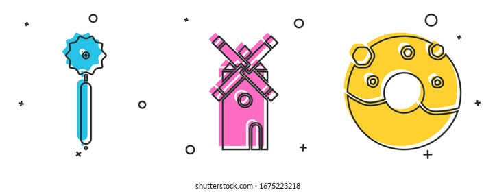 Set Pizza knife , Windmill  and Donut with sweet glaze  icon. Vector