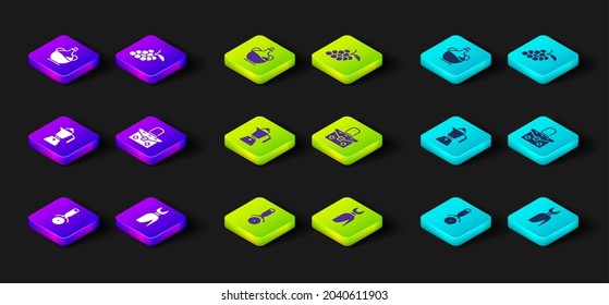 Set Pizza knife, Woman dress, Coffee moca pot, Handbag, Grape fruit and Bottle olive oil icon. Vector