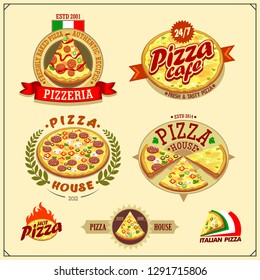 Set of pizza labels, badges, icons and design elements. Emblems for pizzeria.