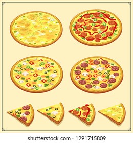 Set of pizza labels, badges, icons and design elements. Emblems for pizzeria.