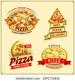Set of pizza labels, badges, icons and design elements. Emblems for pizzeria.