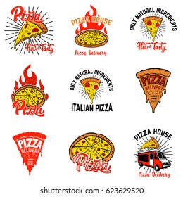 Set of pizza labels. Design elements for logo,emblem, sign, poster, menu. Vector illustration