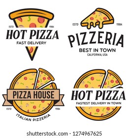 Set of pizza logo, badges, banners, emblems for fast food restaurant. Collection labels for menu design restaurant or pizzeria. Isolated vector illustration.