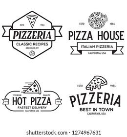 Set of pizza logo, badges, banners, emblems for fast food restaurant. Collection labels for menu design restaurant or pizzeria. Isolated vector illustration.