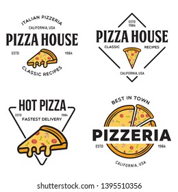 Set of pizza logo, badges, banners, emblems for fast food restaurant. Collection labels for menu design restaurant or pizzeria. Isolated vector illustration.