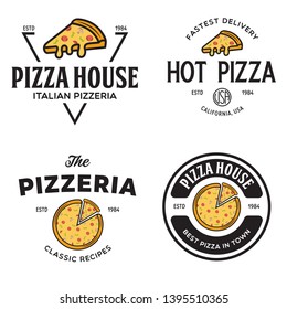 Set of pizza logo, badges, banners, emblems for fast food restaurant. Collection labels for menu design restaurant or pizzeria. Isolated vector illustration.
