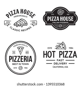 Set of pizza logo, badges, banners, emblems for fast food restaurant. Collection labels for menu design restaurant or pizzeria. Isolated vector illustration.