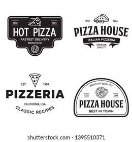 Set of pizza logo, badges, banners, emblems for fast food restaurant. Collection labels for menu design restaurant or pizzeria. Isolated vector illustration.