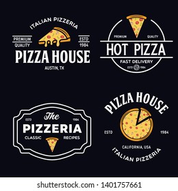 Set of pizza logo, badges, banners, emblems for fast food restaurant. Collection labels for menu design restaurant or pizzeria. Isolated vector illustration.