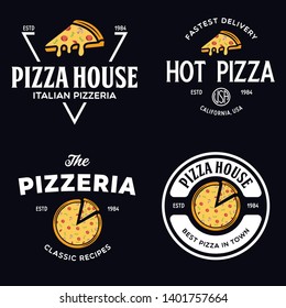 Set of pizza logo, badges, banners, emblems for fast food restaurant. Collection labels for menu design restaurant or pizzeria. Isolated vector illustration.