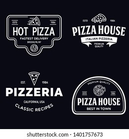 Set of pizza logo, badges, banners, emblems for fast food restaurant. Collection labels for menu design restaurant or pizzeria. Isolated vector illustration.