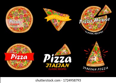 Set of Pizza logo for cafes and restaurants. Fast food and pizza advertisement. Italian pizza.