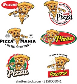 Set of pizza logo with pizza mascot illustration