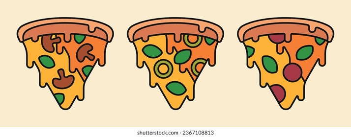 Set of Pizza Minimal Icons with Different Flavors Vector Illustration of Pizza Slices Topped with Pepperoni Olive Salami Mozzarella Cheese Mushrooms and Basil