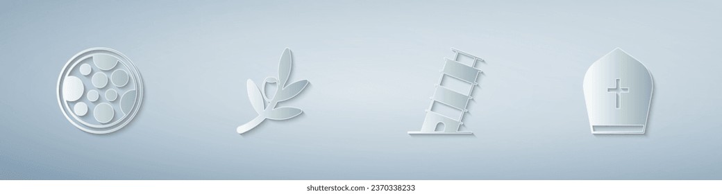 Set Pizza, Olives branch, Leaning tower in Pisa and Pope hat. Paper art style. Vector