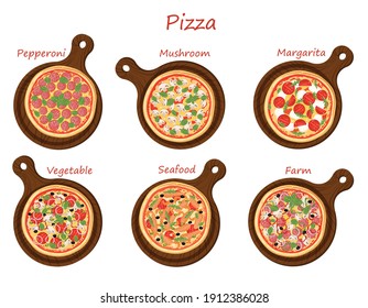 Set of pizza on boards isolated on background. Pepperoni, Mushroom, Margarita, vegetable, seafood, farm. Vector illustrations of pizza for menu, poster, advertisement, banner, website, banner.