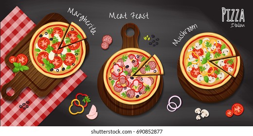 Set of pizza on wood cutting board on the chalkboard background with the ingredients for the pizza: pepper, bow, tomato, shrimps, ham, pineapple, ham, greenery and mushrooms.  Vector illustration 