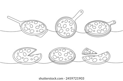 Set of pizza on wooden boards one line continuous drawing. Traditional italian fast food continuous one line illustration. Vector linear illustration