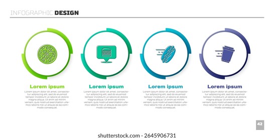 Set Pizza, Online ordering burger delivery, hotdog and Coffee cup to go. Business infographic template. Vector