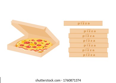 Juego de pizza en una caja abierta y un kit de cajas de pizza con fondo blanco. El concepto de comida rápida. Casilla de entrega de la pizzería. Ilustración vectorial sobre fondo blanco.