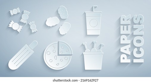 Set Pizza, Paper glass with straw, French hot dog, Chicken leg in package box, nuggets and Candy icon. Vector