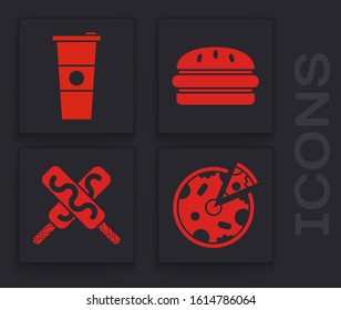 Set Pizza, Paper glass and water, Burger and Ice cream icon. Vector