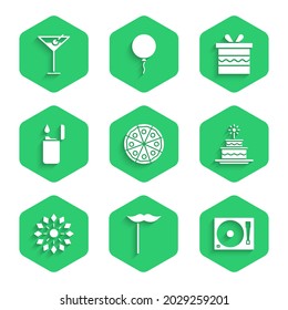 Set Pizza, Paper mustache on stick, Vinyl player with vinyl disk, Cake burning candles, Firework, Lighter, Gift box and Martini glass icon. Vector