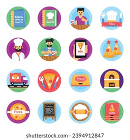 Set of Pizza Party Flat Round Icons


