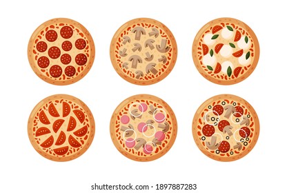 Set pizza with pepperoni, tomatoes, onions, olives, mushrooms, ham. Izolated on white background. Italian fast food. Vector illustration.