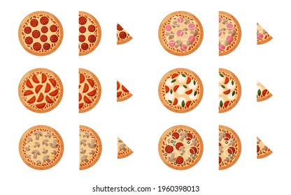 Set pizza with pepperoni, tomatoes, onions, olives, mushrooms, ham. Izolated on white background. Italian fast food. Vector illustration.