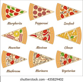 Set of pizza pieces. Vector illustration.