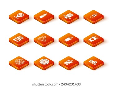 Set Pizza, Pizzeria building facade, Nachos, Glass with water, Taco tortilla and Coffee cup icon. Vector