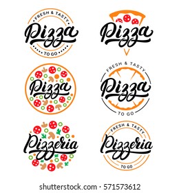 Set of pizza and pizzeria hand written lettering logo, label, badge. Emblem for fast food restaurant, cafe. Isolated on white background. Vector illustration.