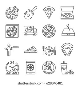 Set of pizza Related Vector Line Icons. Includes such Icons as pizza delivery, pizza, food, cafes, fast food, packaging, courier, cook