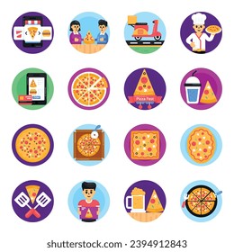 Set of Pizza and Restaurant Flat Round Icons

