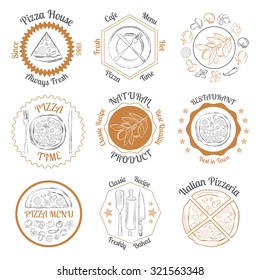 Set of pizza restaurant grey and beige badges on white background vector illustration