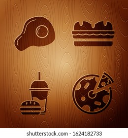 Set Pizza, Scrambled eggs, Paper glass with drinking straw and burger and Sandwich on wooden background. Vector