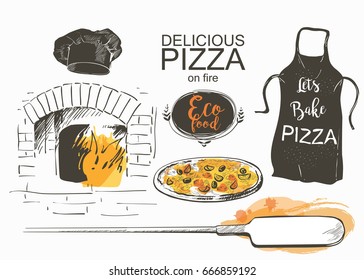 Set pizza, shovel, baked in the wood fire oven uniform apron, hat. Hot fresh pizza in a rustic Italian style with olives mushrooms and cheese. Hand-drawn vector illustration line sketch