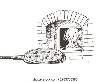 Set of pizza, shovel, baked in a wood-fired oven. Hot fresh pizza in a rustic Italian style with olives mushrooms and cheese wood-burning. Vector vintage Hand-draw illustration line sketch