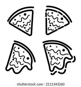 Set of Pizza slice icons. Hand drawn line doodle. Cartoon Decoration for greeting cards, posters, emblems. Vector illustration. 