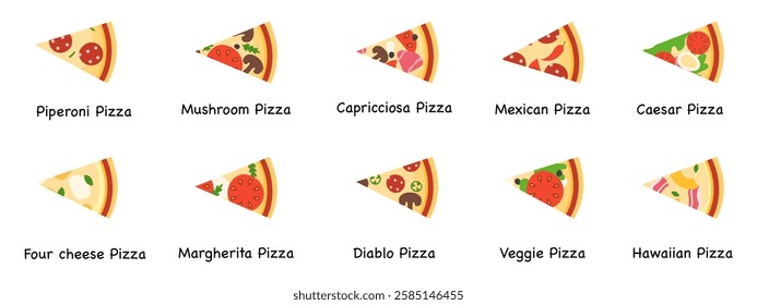 A set of pizza slices. Collection of different types of pizza slices. Vector